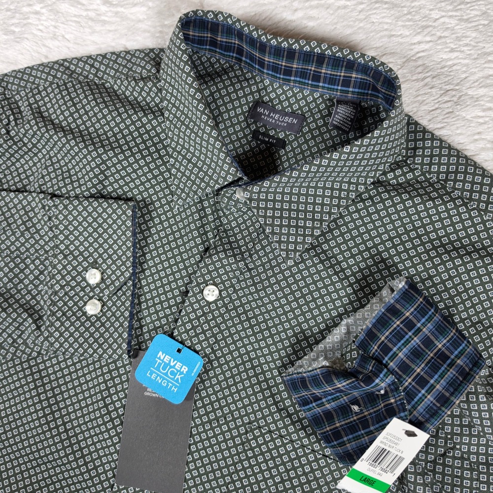 NEW Van Heusen Never Tuck Slim Fit Mens Large Green Geometric L/S Button Shirt